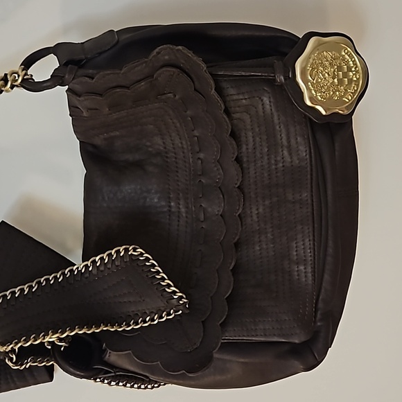 VTG VINCE CAMUTO 1980s Brown Scalloped Leather Bow Chain Coquette Shoulder Bag - Picture 3 of 14